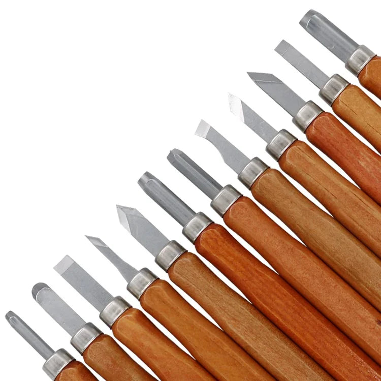 Premium alloy steel carving knife set for beginners, featuring 12 versatile tools for wood carving projects