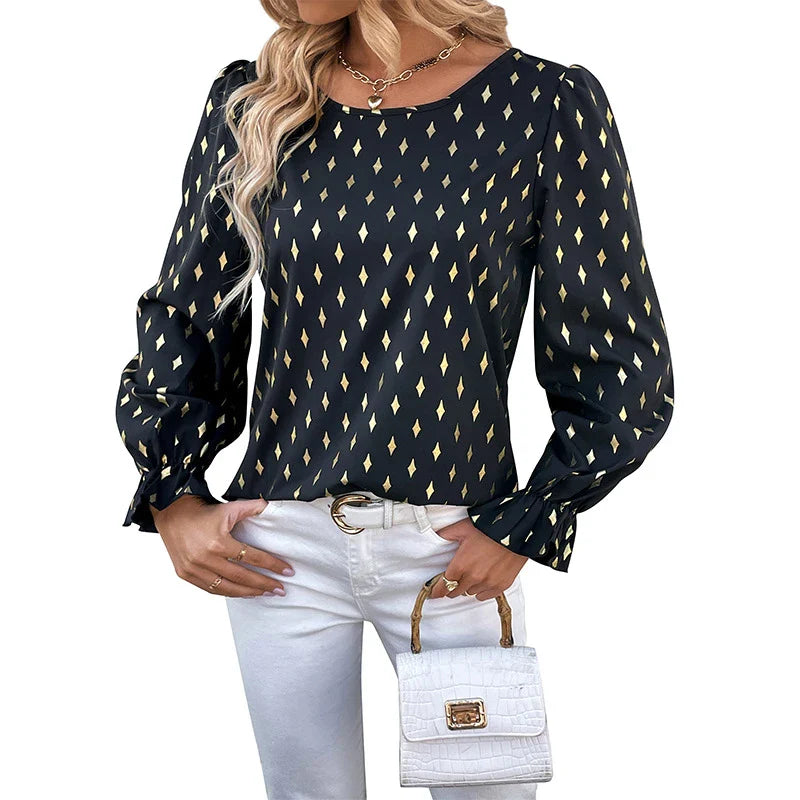 Commuter Bronzing Shirt - Metallic Bronze Women's Long-Sleeved Casual Top with Ruffled Details