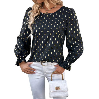 Commuter Bronzing Shirt - Metallic Bronze Women's Long-Sleeved Casual Top with Ruffled Details