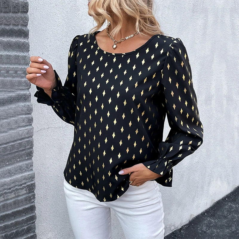 Commuter Bronzing Shirt - Metallic Bronze Women's Long-Sleeved Casual Top with Ruffled Details
