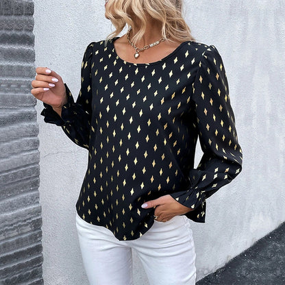 Commuter Bronzing Shirt - Metallic Bronze Women's Long-Sleeved Casual Top with Ruffled Details