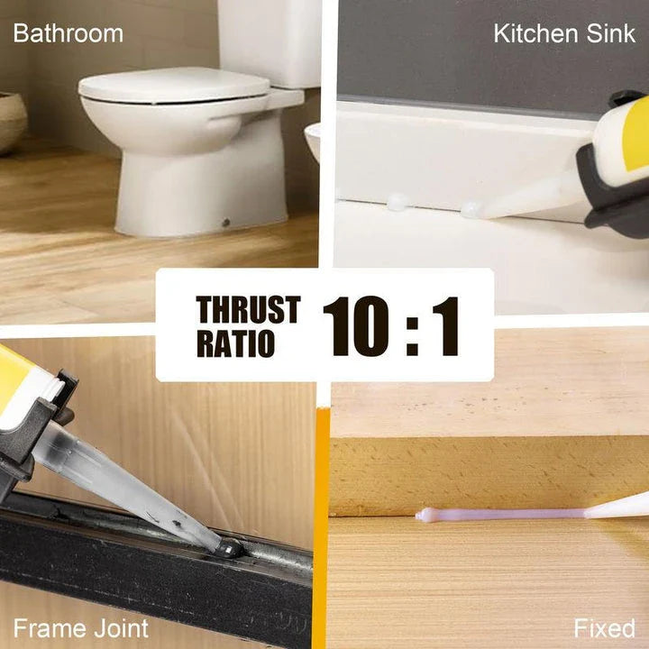 A non-drip caulking gun with a 12:1 thrust ratio, designed for professional-grade caulking applications in home improvement projects.