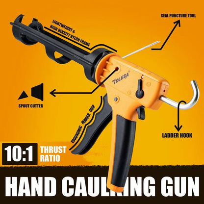 A non-drip caulking gun with a 12:1 thrust ratio, designed for professional-grade caulking applications in home improvement projects.