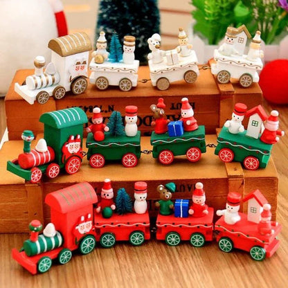 4 mini wooden train toys in red, white, and green colors with festive passengers, perfect for holiday decoration