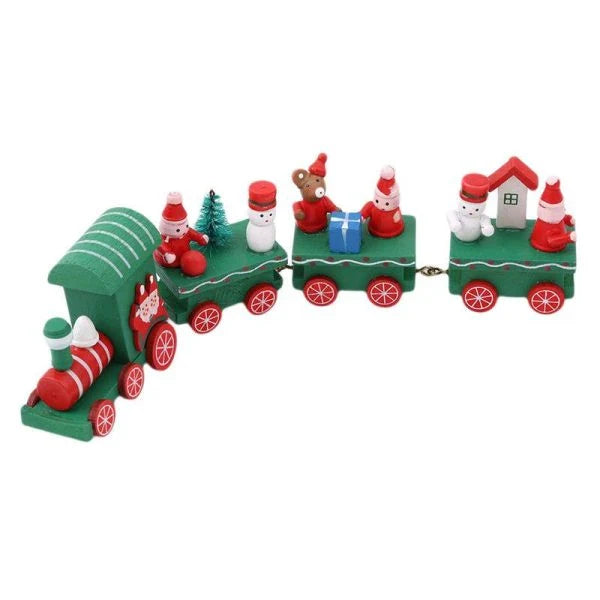 4 mini wooden train toys in red, white, and green colors with festive passengers, perfect for holiday decoration