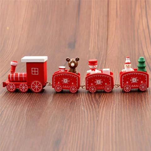 4 mini wooden train toys in red, white, and green colors with festive passengers, perfect for holiday decoration