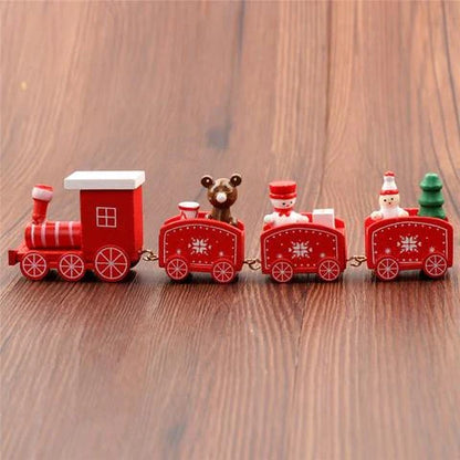 4 mini wooden train toys in red, white, and green colors with festive passengers, perfect for holiday decoration