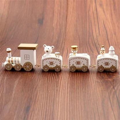 4 mini wooden train toys in red, white, and green colors with festive passengers, perfect for holiday decoration