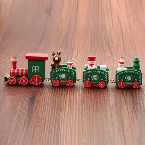 4 mini wooden train toys in red, white, and green colors with festive passengers, perfect for holiday decoration
