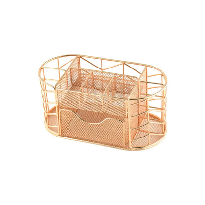 A sleek, modern metal mesh desktop organizer with various compartments for storing office supplies.