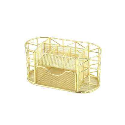 A sleek, modern metal mesh desktop organizer with various compartments for storing office supplies.