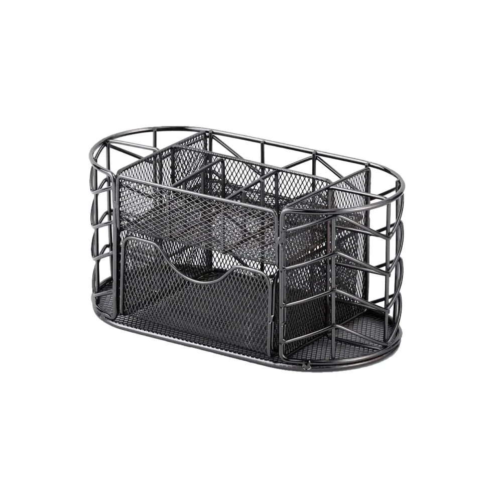 A sleek, modern metal mesh desktop organizer with various compartments for storing office supplies.