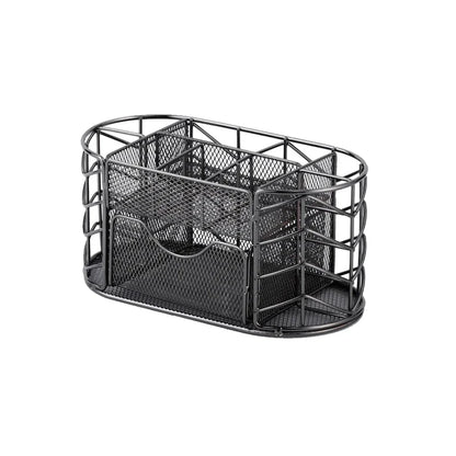 A sleek, modern metal mesh desktop organizer with various compartments for storing office supplies.