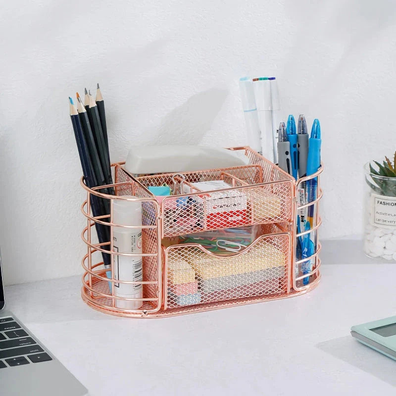 A sleek, modern metal mesh desktop organizer with various compartments for storing office supplies.