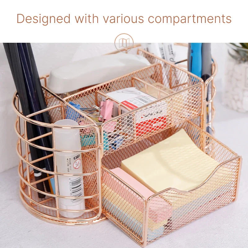 A sleek, modern metal mesh desktop organizer with various compartments for storing office supplies.