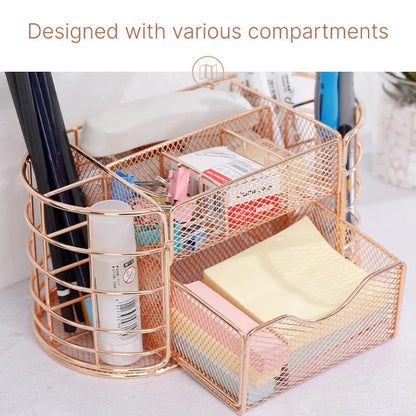 A sleek, modern metal mesh desktop organizer with various compartments for storing office supplies.