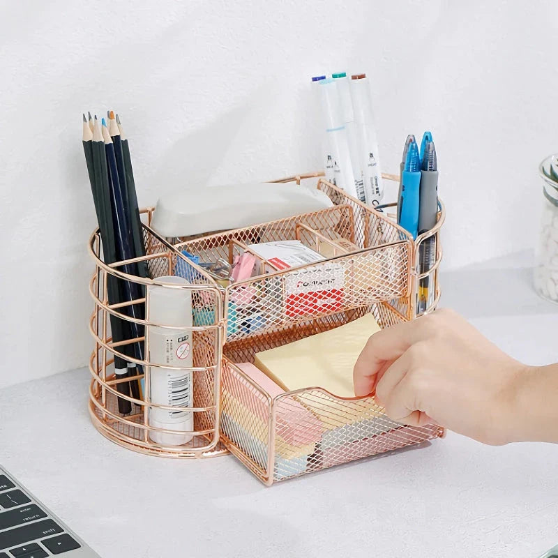 A sleek, modern metal mesh desktop organizer with various compartments for storing office supplies.