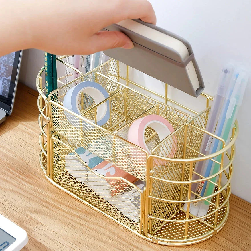 A sleek, modern metal mesh desktop organizer with various compartments for storing office supplies.