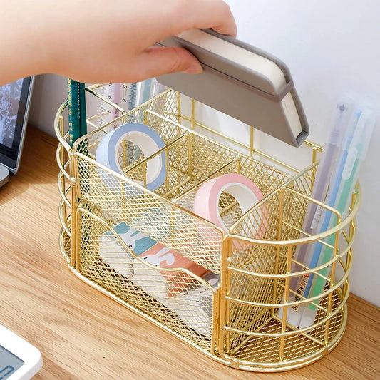 A sleek, modern metal mesh desktop organizer with various compartments for storing office supplies.