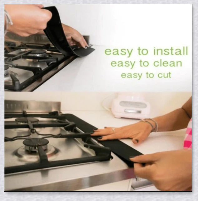 Stove Counter Gap Covers in different colors - clear, black, and white silicone covers that fill the space between stove and counter.