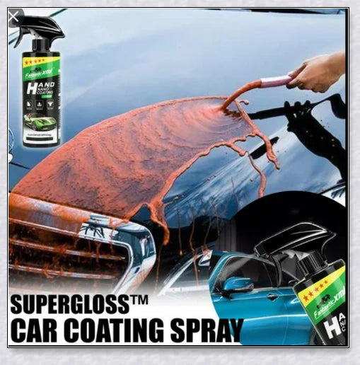 A bottle of Supergloss Car Coating Spray, showcasing its ability to protect and enhance the shine of a vehicle's paint, wheels, and other surfaces.