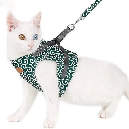 A premium cat vest harness and leash set made of breathable, durable polyester for comfortable outdoor adventures.