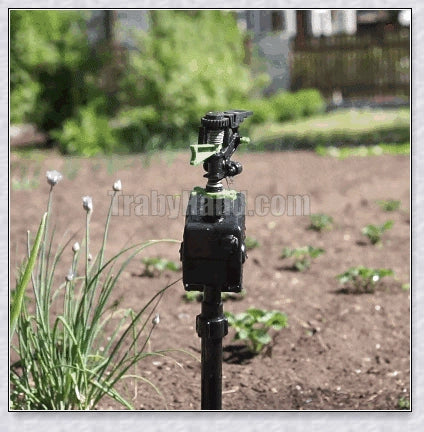 Spraycrow Solar Powered Motion Activated Animal Repellent Garden Sprinkler, a device that uses motion detection and spraying to deter pests from your garden
