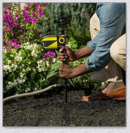 Spraycrow Solar Powered Motion Activated Animal Repellent Garden Sprinkler, a device that uses motion detection and spraying to deter pests from your garden