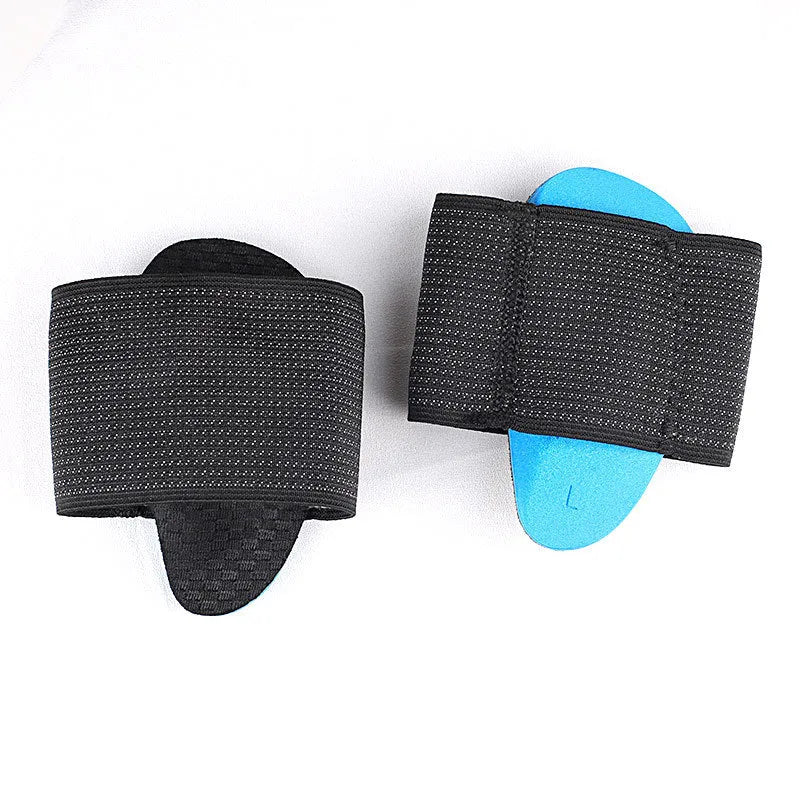 Blue elastic bandage foot pads with arch support for flat foot conditions in adult and children sizes