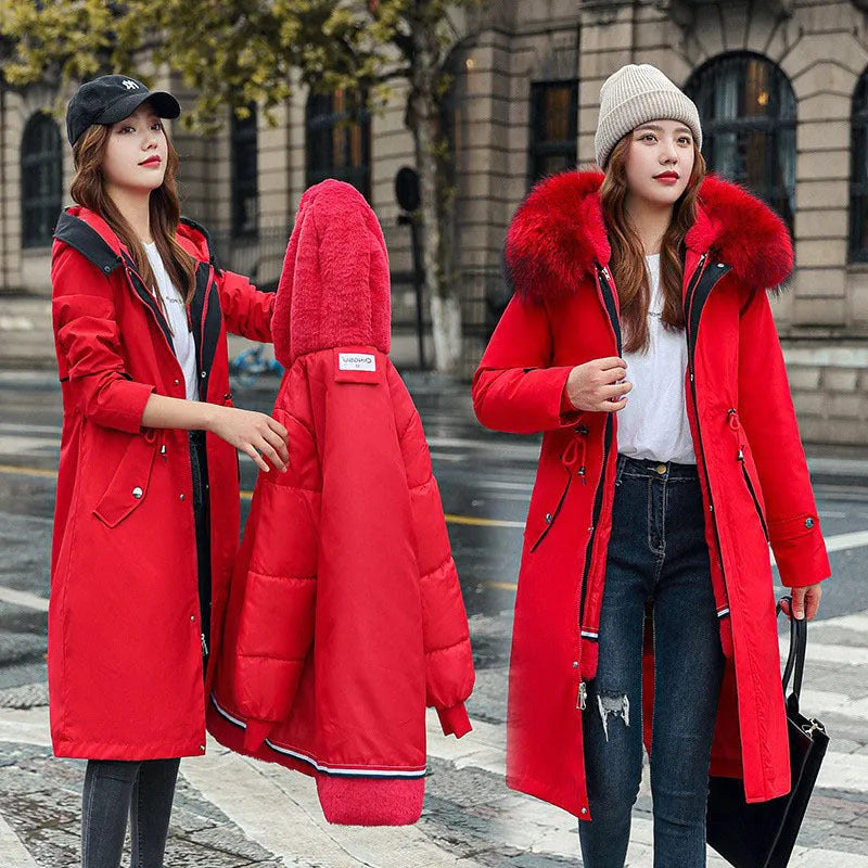 Women's Long Fleece Trench Coat Windbreaker made from polyester fibre with extended 100cm length, down cotton padding, and available in Bean Green, Black, White, Red, Green, and Khaki colours in sizes M, L, XL, XXL, XXXL, and 4XL