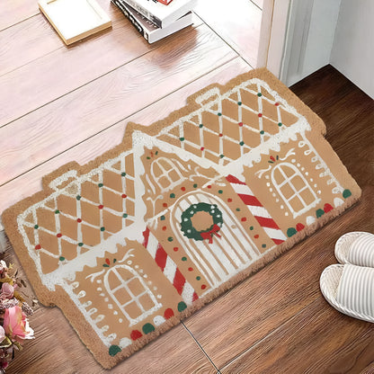 Square Christmas-themed hallway mat with non-slip backing on wooden floor