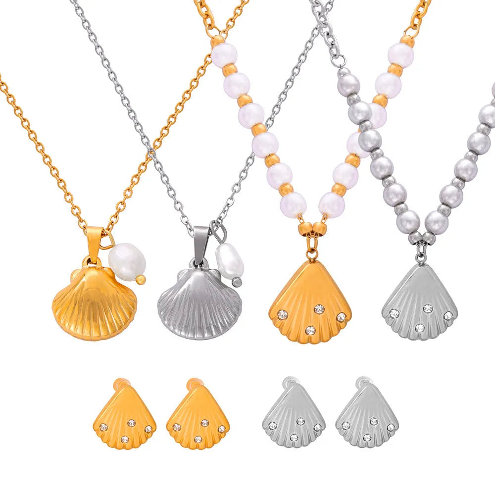 French vintage shell jeweled pendant necklace with titanium steel chain and freshwater pearl bead for women