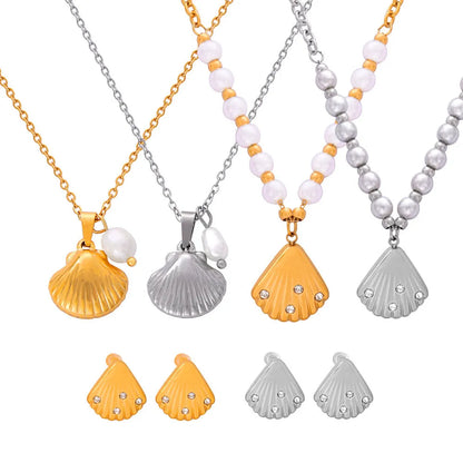 French vintage shell jeweled pendant necklace with titanium steel chain and freshwater pearl bead for women