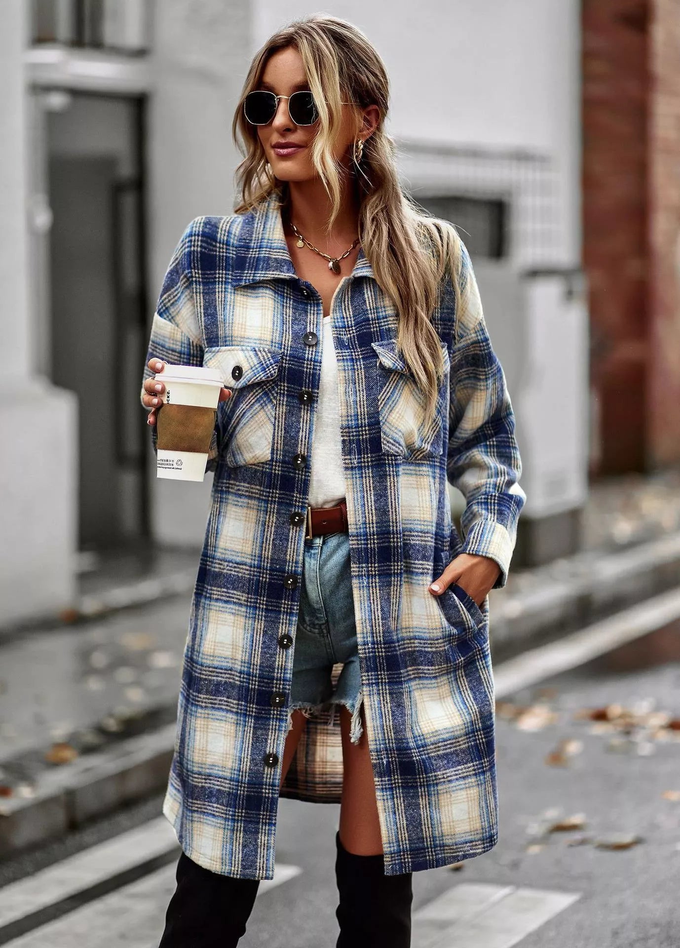 Long plaid woolen cardigan coat for women in pink, blue, green, and black