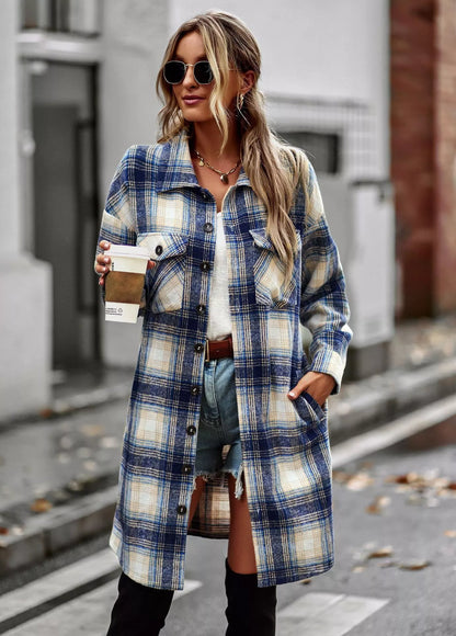 Long plaid woolen cardigan coat for women in pink, blue, green, and black