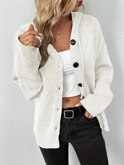 Cotton hooded cardigan sweater in loose fit with solid colour and 3D pattern detail