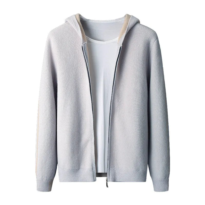 Man's dark blue zip-up cashmere cardigan with a half-high collar, shown on a hanger.