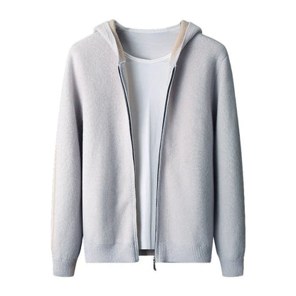 Man's dark blue zip-up cashmere cardigan with a half-high collar, shown on a hanger.