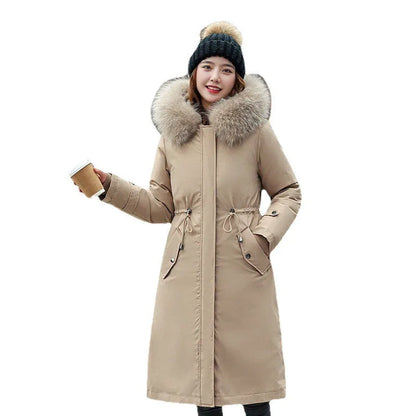 Long white women's fleece trench coat with down cotton padding on a hanger.