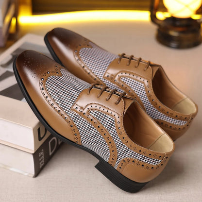Men's imitation houndstooth casual leather shoes with canvas upper and rubber sole in black colour
