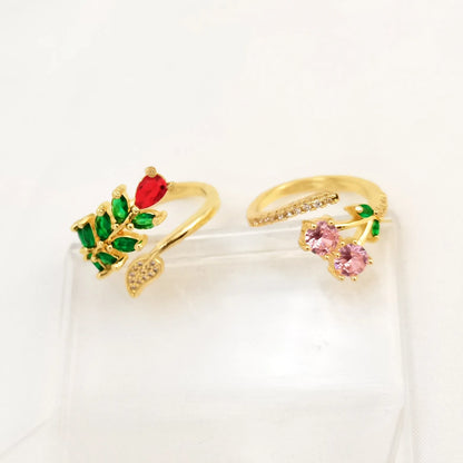 Copper geometric leaf open ring for women with zircon detail and adjustable design