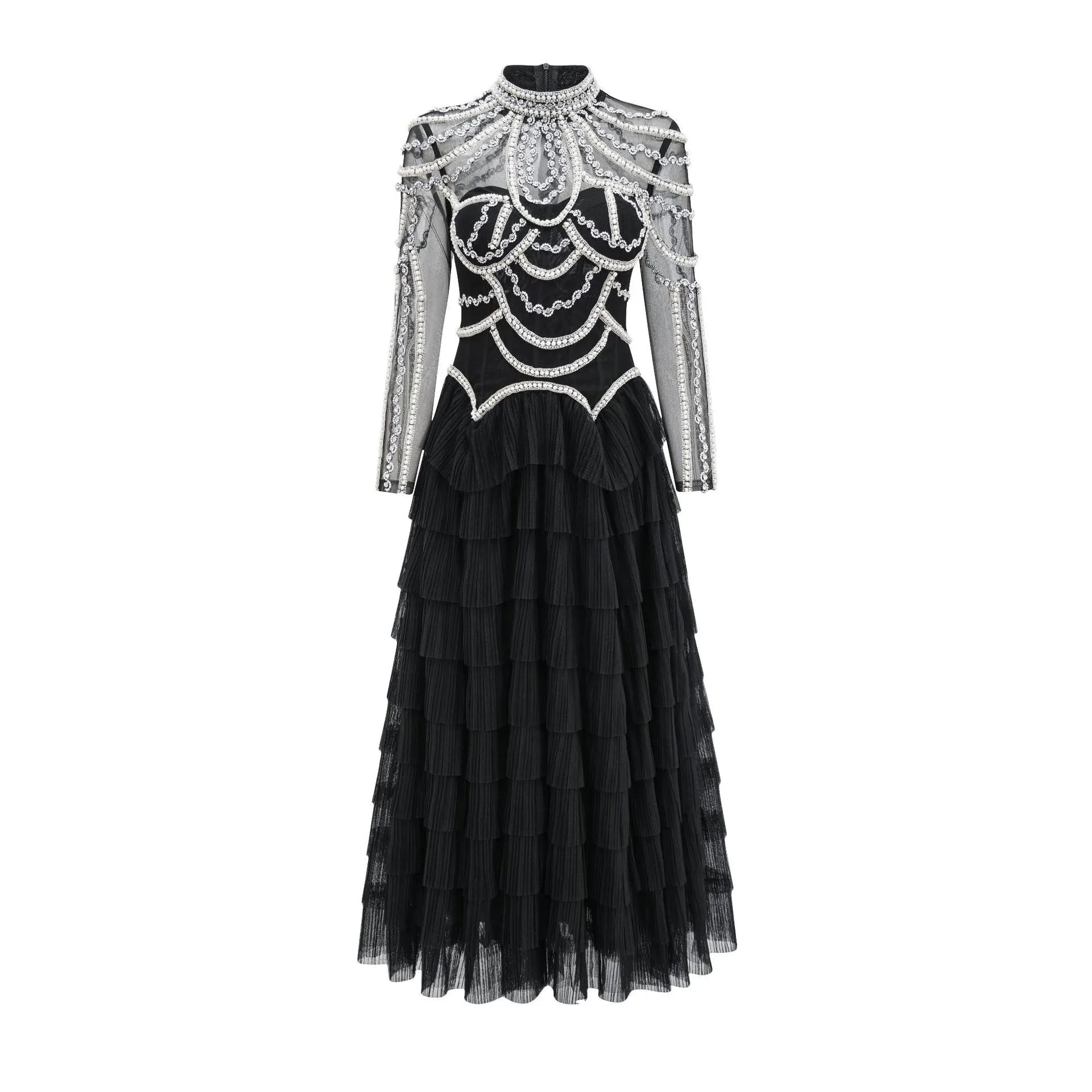 Women's long sleeve black beaded dress with 3D decoration and a mid waist.