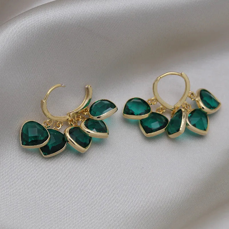 Korean style green heart pendant ear clip earrings with copper alloy and artificial gemstone