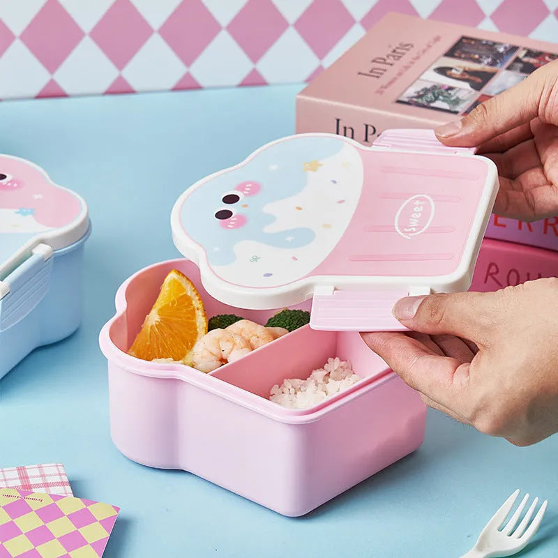Pink and blue ice cream shaped plastic lunch boxes with compartments, includes spoon and fork
