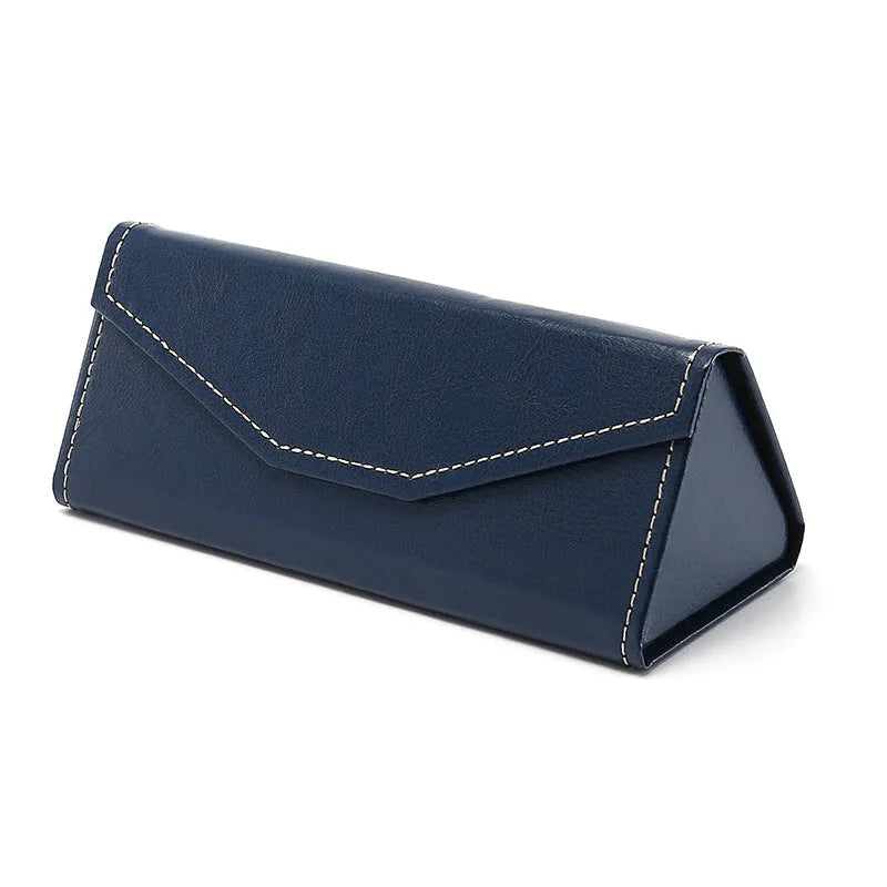 Handmade triangle folding PU cowhide glasses case in multiple colours measuring 160x66x16mm
