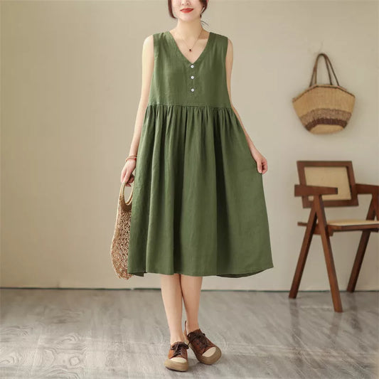 Japanese cotton linen sleeveless summer dress in green and beige with V-neck design