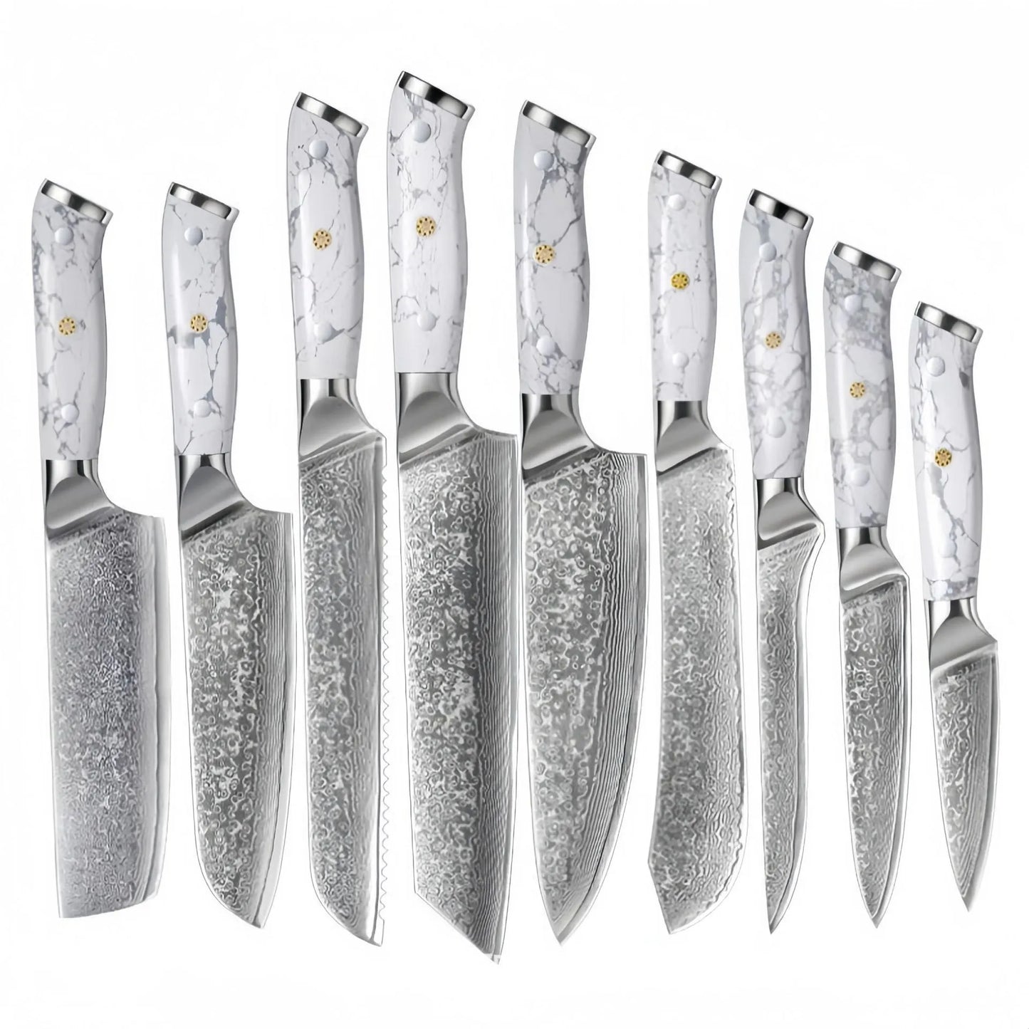 Damascus pattern VG10 steel chef's knife with a 21cm blade and simple handle on a wooden cutting board.