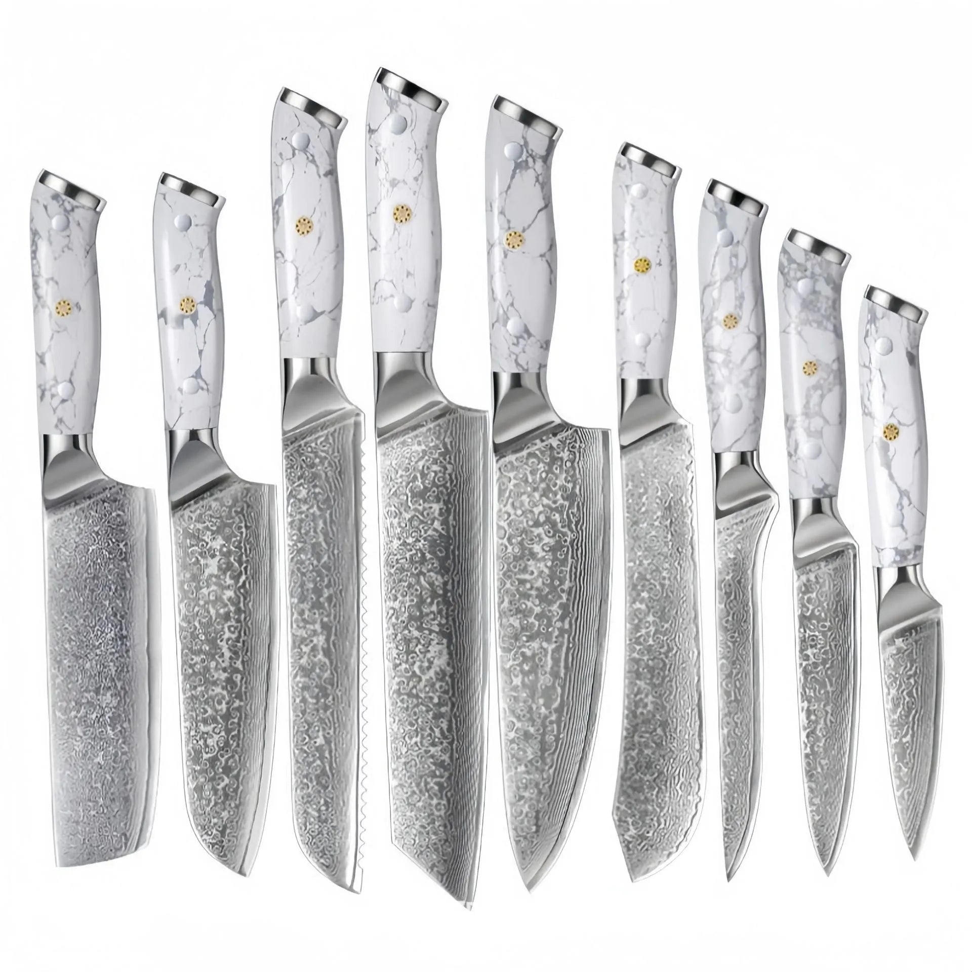 Damascus-patterned chef's knife with 21cm VG10 steel blade and ergonomic handle on a wooden cutting board.