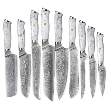 Damascus-patterned chef's knife with 21cm VG10 steel blade and ergonomic handle on a wooden cutting board.