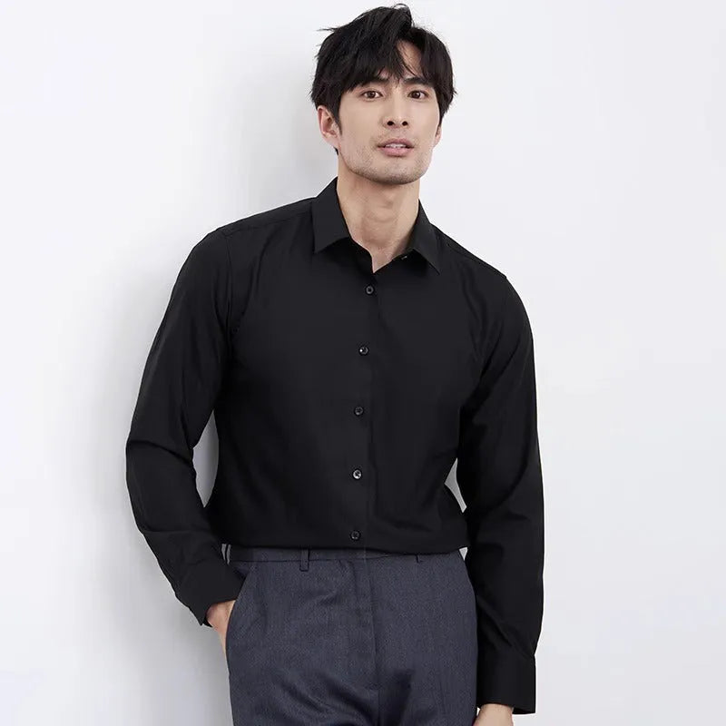 Men's wine red slim fit long sleeve shirt with non-iron treatment on a hanger.